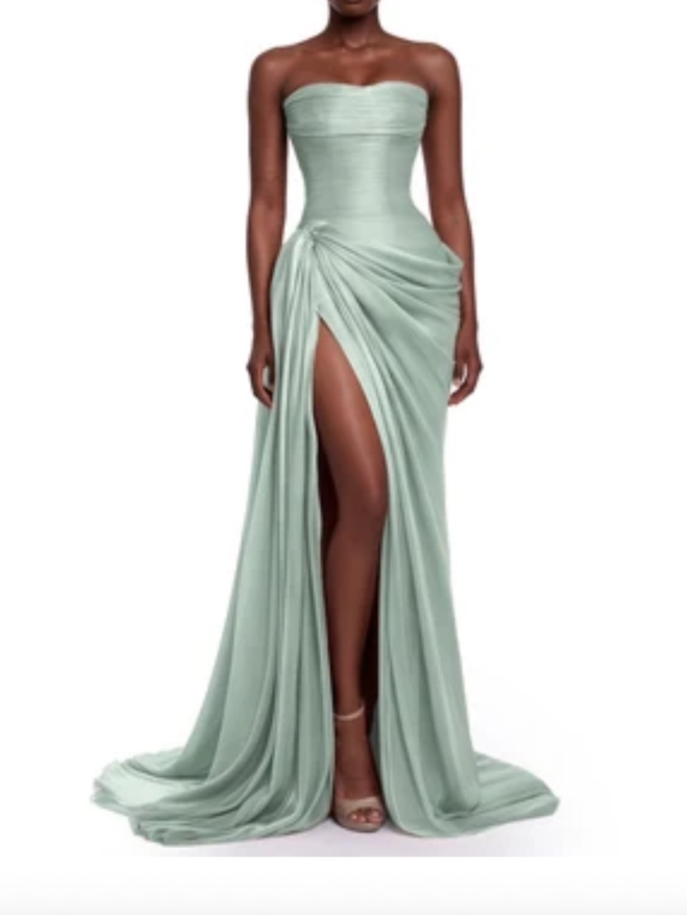 Strapless Sage Green Evening Gown with Side Drape and High Slit
Querubina